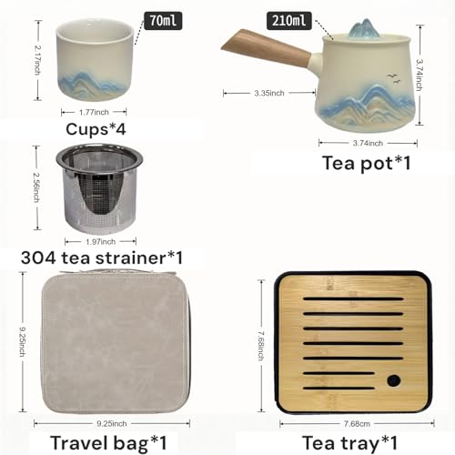 Portable Chinese Tea Set with Carry Bag - White Complete Gongfu Teapot Set Includes Side Handle, 4 White Cups,Tea Tray & Strainer, Artistic Travel Teapot Kit for Camping, Office, Home & Gifts - color: White Side-Handle Teapot Set