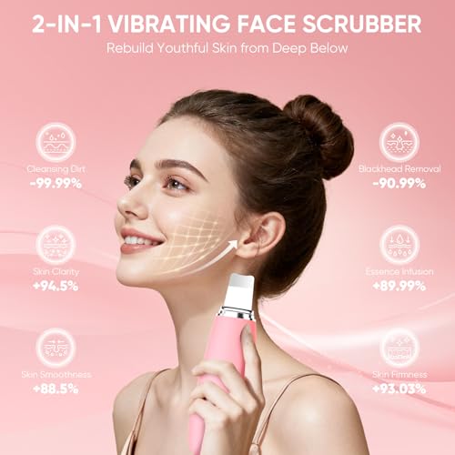 Silicone Face Scrubber Blackhead Scraper Rechargeable 2-in-1 Facial Cleansing Brush & Skin Spatula Duo, IPX7 Waterproof Exfoliating Massager Deep Cleansing for Women and Men(Peachy Pink) - color: Peachy Pink