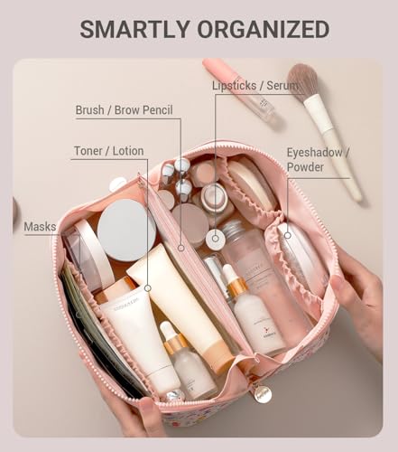 Aveniee Travel Makeup Bag for Women, Large Cosmetic Organizer with Open-Flat Design, Clear Divider & Handle - Waterproof PU Leather Toiletry Case, Cat Pattern - style: Sunshine Kitty