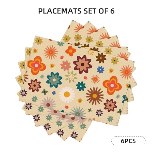 70s Retro Boho Funky Hippie Floral Placemats Set of 6 12x18 Inch - color: Colorful, size: Set of 6