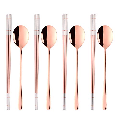 Buyer Star 4 Set Rose Gold Square Chopsticks and Spoons Set Metal Stainless Steel Spoons Chopsticks Set - color: rose gold-square chopstick and spoon