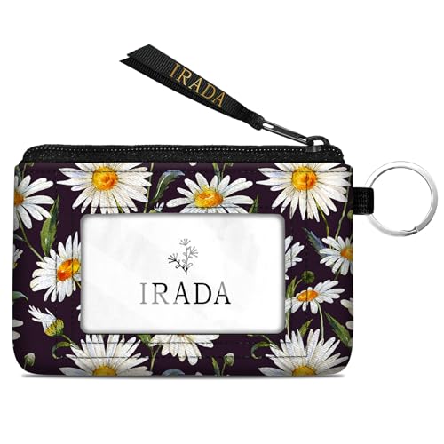 IRADA ID Case Wallet Keychain with Clear ID Window Zipper Cute Coin Purse for Women Water Resistant Small Coin Pouch-Daisy Keychain Wallet - color: Daisy-Keychain Wallet
