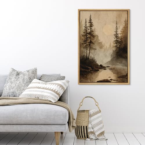 SIGNFORD Framed Canvas Print Wall Art Misty Forest River Landscape Rustic Woodland Nature Scene with Sun Illustrations Modern Art Decorative Relax/Zen for Living Room, Bedroom, Office - 24x36 Natural - color: B08-2508-ll30, size: 36"L x 24"W