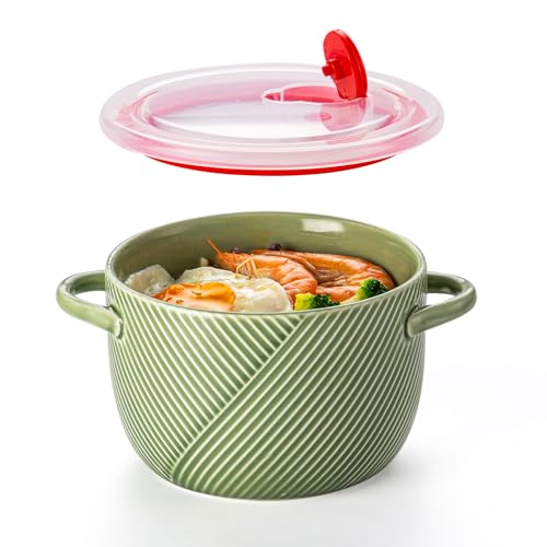 Ceramic Soup Bowl with Lid & Handle, Microwave Safe 32 oz, Green - color: Green, size: 1 pcs