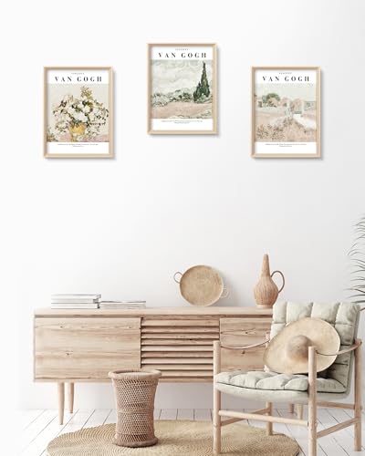 HesenDot Van Gogh Framed Wall Art, Neutral Canvas Prints Set of 3 - color: Framed Van Gogh Nature, size: 16"L x 12"W
