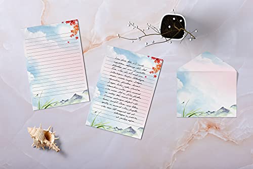 Better Office Products Mini Stationery Set of 100, Japanese Stationery Paper (50 Lined Sheets + 50 Matching Envelopes), 5.5 x 8.25 inch, 9 Designs, Double Sided Printing, One Side Lined Paper,