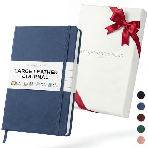 BEECHMORE BOOKS A4 8.5x11.5 Lined Leather Journal For Men 120 GSM, Gift Box - color: Symphony Blue, size: A4 - 8.5" x 11.5" Large