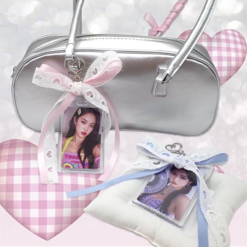 2 Pack K-pop Photocard Holder Keychain, Photo Card Holder with Ribbon Bow - color: Pink&blue