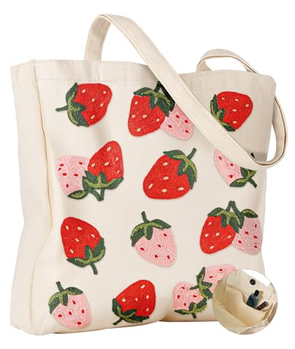 Miss Adola Embroidery Canvas Tote Bag with Pocket & Buckle - color: Strawberry