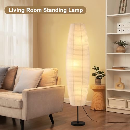 Paper Lamp Floor Lamp White Paper Lantern 3-Lights Bulbs Included - color: Oval White & Black