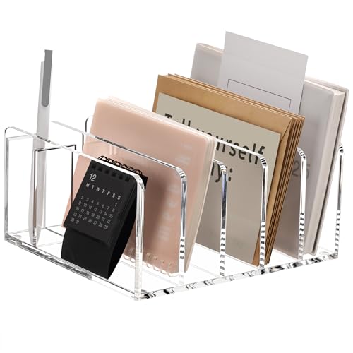 Acrylic Mail Sorter Desk Organizer with Pen Holder, 5 Compartments Clear - size: 5 Compartments with Pen Holder