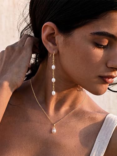 Pearl Earrings for Women,14K Gold/Silver Plated Dangle Drop Earrings - color: Gold-D