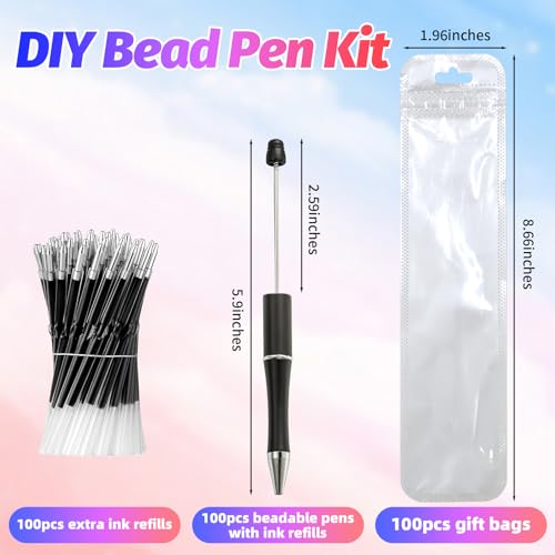 300 Pieces DIY Beadable Pen Kit – 100 Plastic Ballpoint Pens with Refills & Bags – School Supplies, Office Accessories & Decorative Items for Students & Teachers (Black) - color: Black color, size: 100