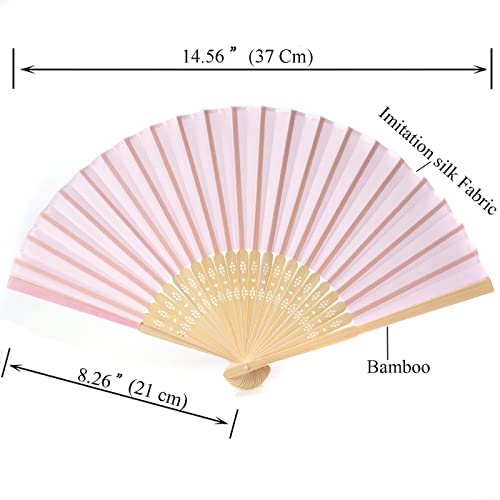 24pcs Imitated Silk Hand Fan Imitated Silk Fabric Bamboo Handheld Folded Fan Bridal Dancing Props Church Wedding Party Favors with Organza Bags (Pink) - color: Pink
