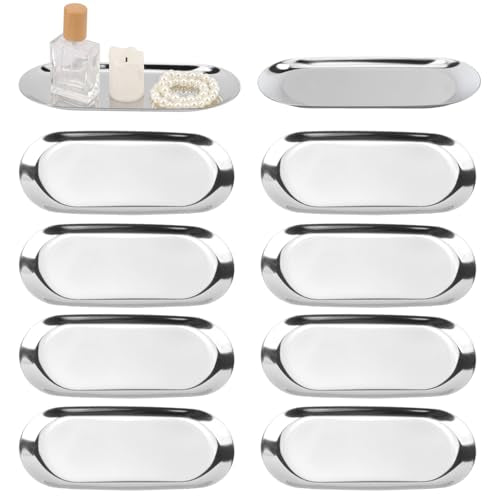 10 Pack 9 Inch Oval Stainless Steel Decorative Tray, Stainless Steel Tea Fruit Tray, 9 inch Silver Oval Trays for Bathroom Vanity, Jewelry, Perfume & Key Organizer (Silver) - size: 10 Pack 9 Inch