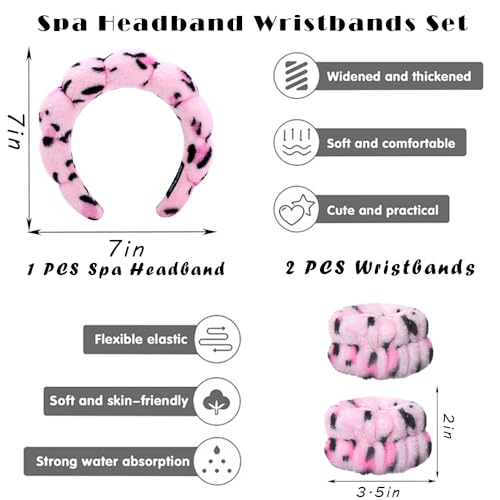 Tetizo Spa Headbands for Washing Face Wristband Set Sponge Makeup Skincare Headband Wrist Towels Bubble Soft Terry Towel Cloth Hairband for Women Puffy Headwear Non Slip Thick Thin Hair - color: Leopard rose red