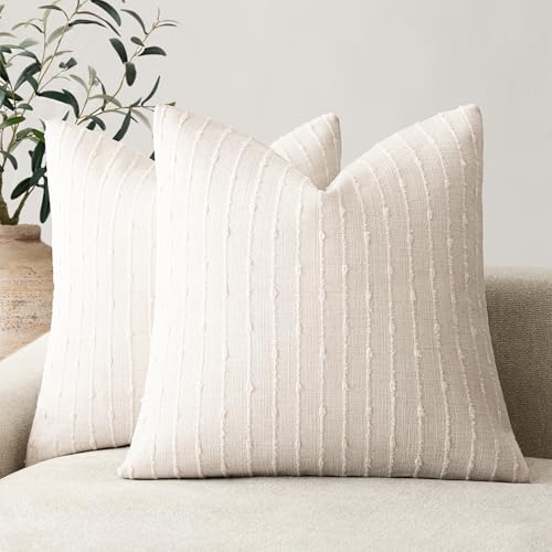 Foindtower Decorative Striped Boucle Throw Pillow Covers 18x18 Cream White - color: Cream White, size: 18" x 18" (Pack of 2)