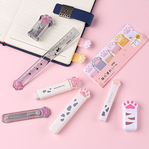 8 Pcs Cute Cat Paw Stationery Set Kawaii School Supplies Including Pencil Sharpener Retractable Eraser Correction Tape Sticky Notes Ruler Mini Scissors Utility Knife for Cat Lovers Students (White) - style: Style A (White)