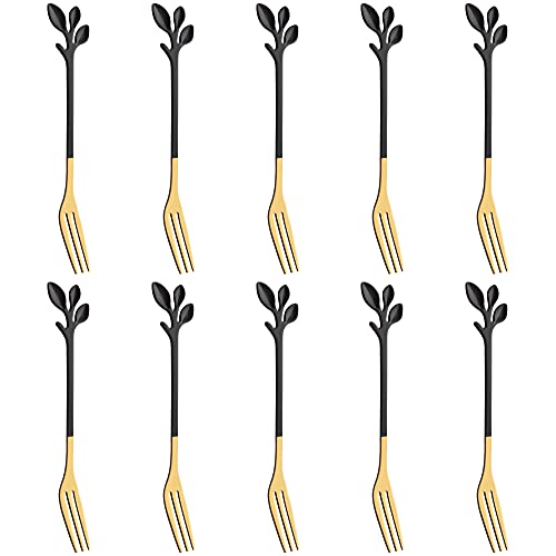 AnSaw 10-Piece Black & Gold Leaf Dessert Forks Set-4.7" Mini Cocktail Fork - color: Black & Gold