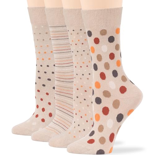 7BIGSTARS Women Cotton Crew Socks, Patterned 4 Pack, M 5-9 - L 8-12 - color: 01e - Light Beige Assortment (A29), size: 8-12