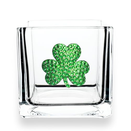 THE QUEENS' JEWELS Shamrock Jeweled 4x4 Candle Holder Vase - Unique Gift for Women, Birthday, Cute, Fun, Cocktail, Queen, Not Painted, Decorated, Bling, Bedazzled, Rhinestone - color: Shamrock