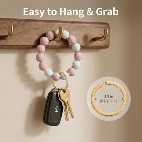 BIHRTC Key Ring Bracelet Car Keychain Holder Wristlet Silicone Women Beaded Bangle Chains - color: Mint Jade