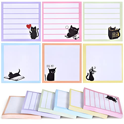 Sticky Notes 3x3 Cute Self-Stick Notes,6 Pack Funny Black Cat Notepad for Cat Lover Gift, Cute Cat Office Supplies, Easy Post Sticky Notes 480 Sheet Total - color: Pink, Purple, Blue, Yellow
