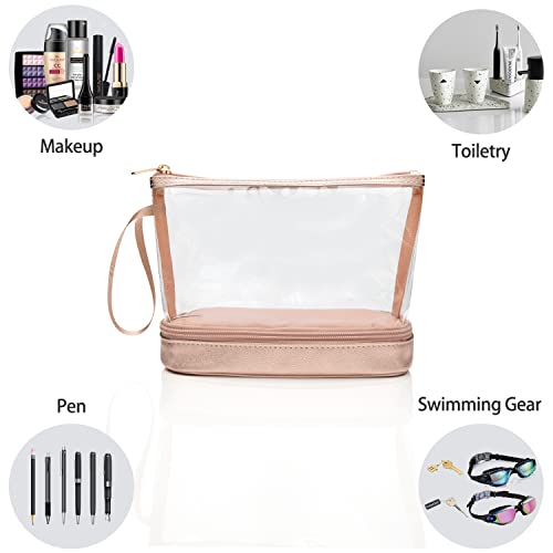 Clear Makeup Bag with Brushes Compartment Travel TSA Approved Toiletry Bag - color: 03-rose gold clear