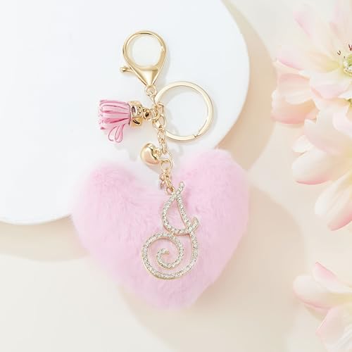 Initial Letter Heart Pom Pom Keychain for Women Pink Soft Fluffy Ball Key Ring for Purse Backpack Handbag - color: G