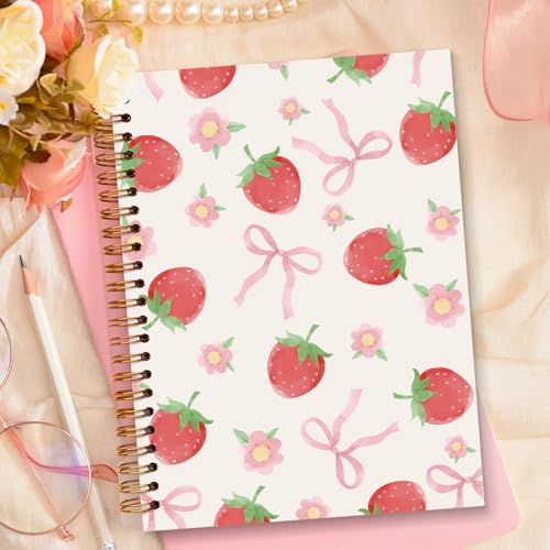 JXREQ Cute Pink Bow Strawberry Notebook, Preppy Journaling Notebooks for Note Taking Writing, Strawberries Floral Journal for Women, Girly Office Supplies, Cute Fruit Spiral Notebooks 5.5x8.3 - color: Fruit 4