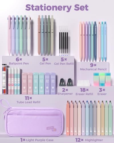 Four Candies 56 PCS School Supplies with Cute Pencil Case (Light Purple) - color: Light Purple