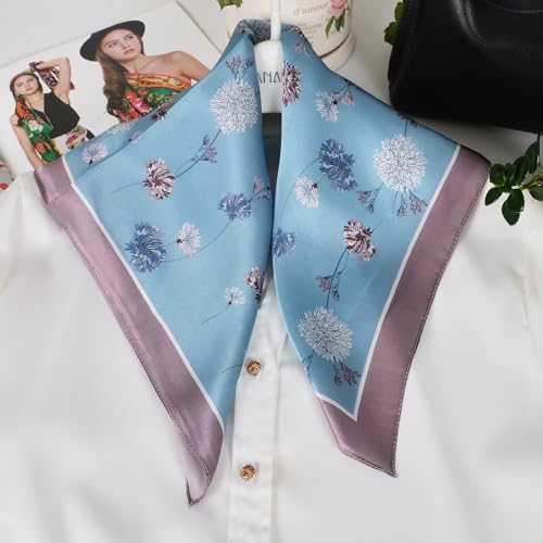 Women 100% Mulberry Silk Neck Scarf 21" Square Floral Neckerchief - color: Grey Blue Floral