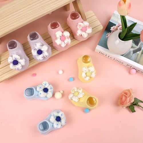 4Packs Baby Girls Socks,Flower Non-Slip Grips for Babies Toddler Princess - color: Pink Bule Light Purple Yellow