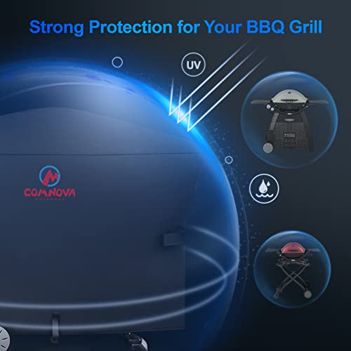 Comnova Grill Cover for Weber Q Grill on Cart - 7112 BBQ Cover for Weber Q3000/Q300/Q2000/Q200 with Portable Stand, 600D Heavy Duty & Waterproof BBQ Cover for Weber Q3200, 3000, 320, 300 and More - color: Premium Black - Q3000 & Q2000 on Cart