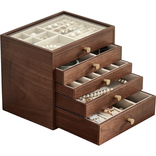 Black Walnut Wooden Women Jewelry Box with Glass Lid, 5 Layer - style: 5 Layer