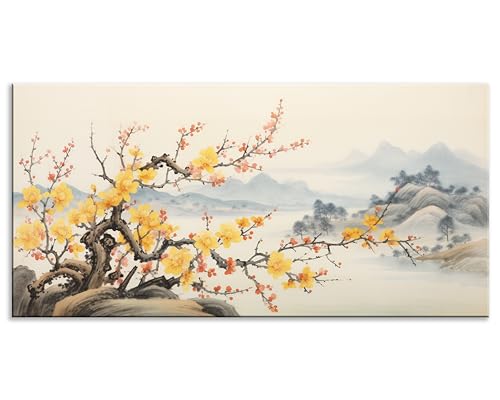 Asian Wall Art Traditional Chinese Painting Oriental Yellow Plum Blossom Canvas Pictures for Wall Decor Home Living Room Cherry Blossom Landscape Artwork Framed Ready to Hang - color: Yellow-One Piece, size: 40"L x 20"W