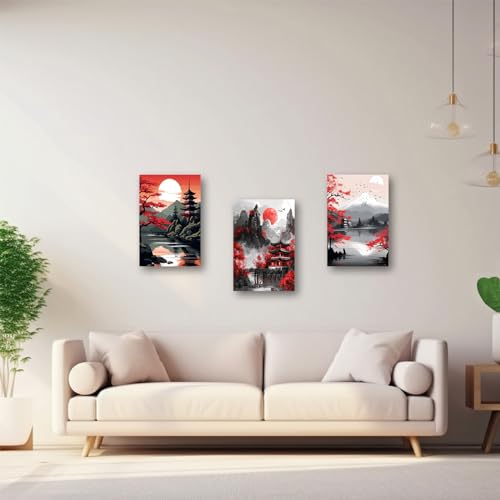 PBXBJY Japanese Canvas Wall Art 3 Pieces Japanese Landscape Painting Prints Red and Black Cherry Blossom Trees Building Pictures Living Room Office Decor Frame (24x36inchx3Pcs) - color: Red, size: 24x36inchx3Pcs