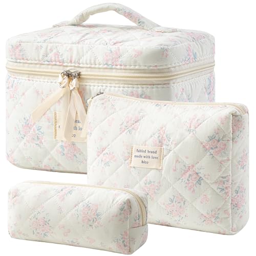 HBselect Quilted Makeup Bag, 3Pcs Cotton Large Travel Makeup Bags Organizer - color: A-3PCS-Floral 34