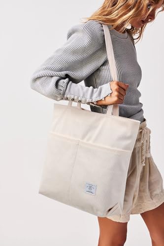 KALIDI Women Corduroy Tote Bag Zipper Casual Tote's Handbag Big Capacity Shoulder Bag with Pockets - color: D-cream White