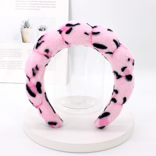 Tetizo Spa Headbands for Washing Face Wristband Set Sponge Makeup Skincare Headband Wrist Towels Bubble Soft Terry Towel Cloth Hairband for Women Puffy Headwear Non Slip Thick Thin Hair - color: Leopard rose red