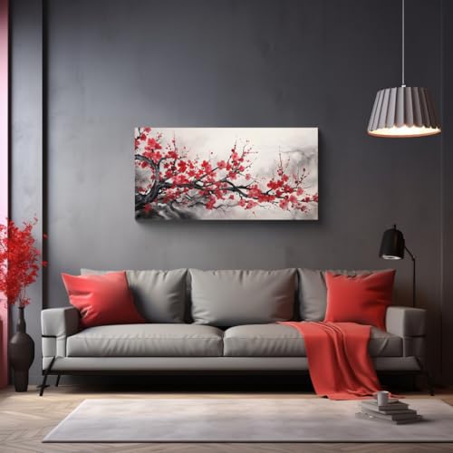 NAN Wind Asian Wall Art Traditional Chinese Decor Oriental Red Cherry Plum Blossom Canvas Pictures for Wall Decor for Living Room Landscape Artwork Framed Ready to Hang - color: Red-One Piece-1, size: 24x12 inches (1 piece)