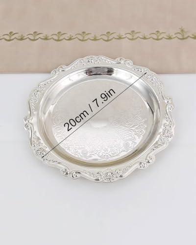 Round Decorative Tray 7.9in Metal Dessert Plates Vintage Coffee Table Tray for Snacks Fruit Silver - color: Silver, size: 7.9"