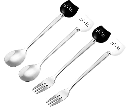 Cute Cat Coffee Spoon and Fork Set, Ceramic Stainless Steel Cat Dessert spoon Drink Spoons Fruit Fork(5.7 inch, White&Black(Spoon+Fork Set A))