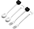 Cute Cat Coffee Spoon and Fork Set, Ceramic Stainless Steel Cat Dessert spoon Drink Spoons Fruit Fork(5.7 inch, White&Black(Spoon+Fork Set A))