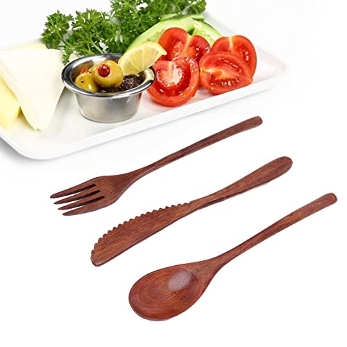 Wooden Cutlery Set, 3 PCS Wooden Spoon Fork Knife for Eating, Wooden Utensil Reusable Dinner Set with Case, Kitchen Flatware Set Travel Cutlery