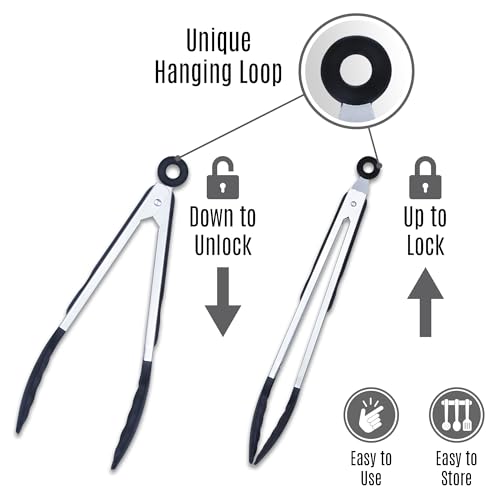 Kitchen Tongs Set, 2 Pack Stainless Steel with Silicone Tips - size: Pack of 2 Black (9" & 12")
