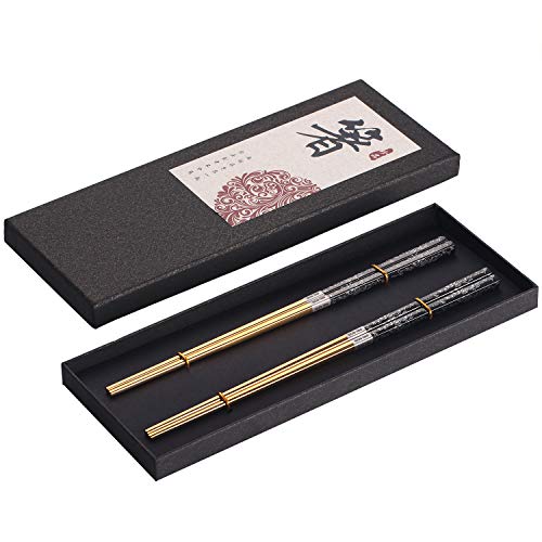 Chopsticks Reusable Titanium Plated Metal Chopsticks 304 Stainless Steel Chopstick Dishwasher safe Japanese Korean lightweight Engraved Anti-slip Chop sticks for Eating 2 Pairs Gift Set Black Gold - color: Black/Gold