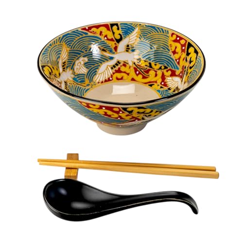 Urban Tokyo 24oz Large Ceramic Ramen Bowl Set with Chopsticks, Spoon & Bamboo Rest – Oriental Japanese Design, Microwave & Dishwasher Safe, Crane Design - color: Japanese Crane