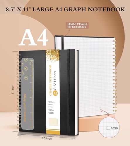 Graph Paper Notebook, Spiral Notebook Journal 8.5” x 11”, A4 Large Grid Notebooks for Women Men, 100 GSM Graph Paper, Plastic Hardcover Spiral Graphing Journals for Work School Engineerin, Black - color: Black, size: Graph
