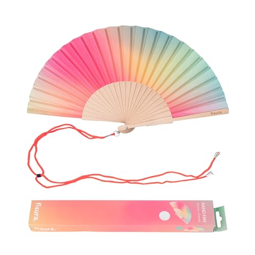 Fisura - Original Folding Fan with Gradient Colors. Wooden Handheld Fan for Women. Pink and Green Design for Raves, Festivals, weedings. Hanger Included. Size: 16.7 x 9 inches - color: Pink and Green